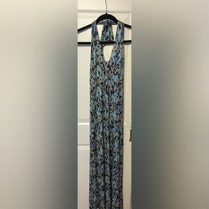 Women's maxi halter dress blue Patterned  ties at neck-S